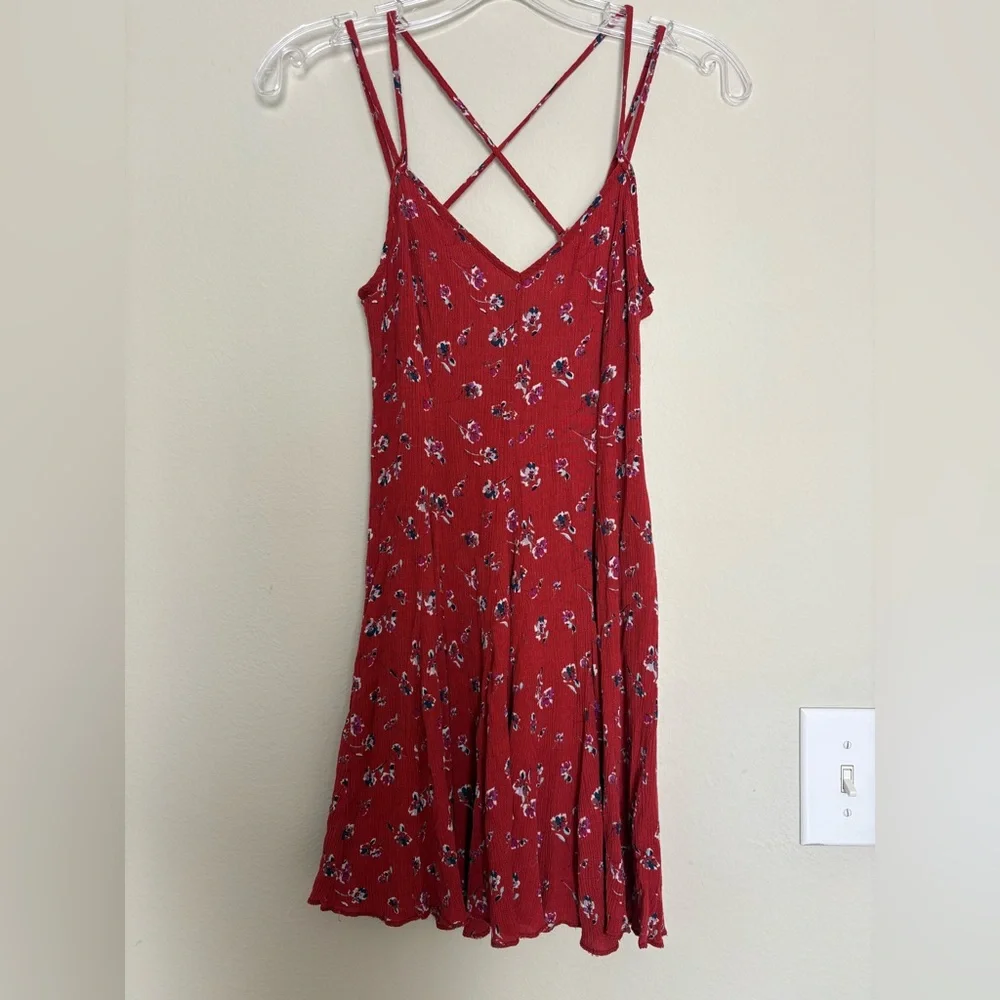 American Eagle Outfitters Red Floral Strapless Mini Dress with Crisscross Straps - Picture 2 of 8